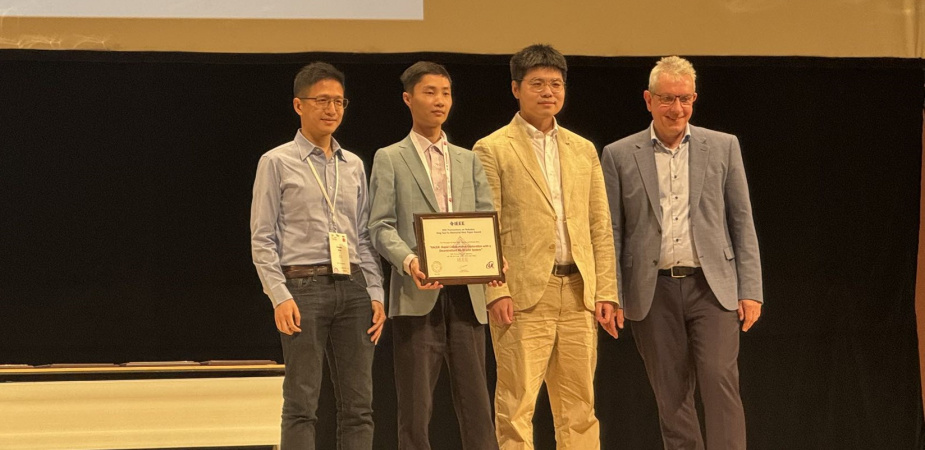 Prof. Shen Shaojie (first left) and his two former PhD students, Dr. Zhou Boyu (second left) and Dr. Xu Hao (second right), received the 2024 IEEE Transactions on Robotics King-Sun Fu Memorial Best Paper Award, which recognizes the best paper published annually in the IEEE Transactions on Robotics.