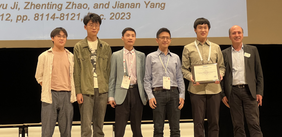 Prof. Shen Shaojie (third right), his current PhD students Jiang Chenxing (first author, second right), Liu Peize (first left) and Yu Zehuan (second left), and former PhD student Dr. Zhou Boyu (third left) received an IEEE Robotics and Automation Letters Best Paper Award at the IEEE International Conference on Robotics and Automation 2024.