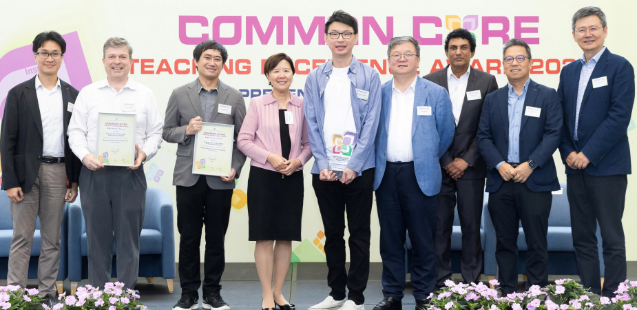 President Prof. Nancy Ip (fourth left), Provost Prof. Guo Yike (fourth right), Dean of Engineering Prof. Hong K. Lo (second right), Prof. Zhou Xiaofang (first right), Head of Computer Science and Engineering Department, Prof. Percy Dias (third right), Chair of Committee on Undergraduate Core Education, Prof. Nam Sai-Lok (first left), Academic Director (Undergraduate Core Education), Prof. Kenneth Leung (center), Prof. Ben Chan (third left), and Mr. Paul Lavigne (second left)