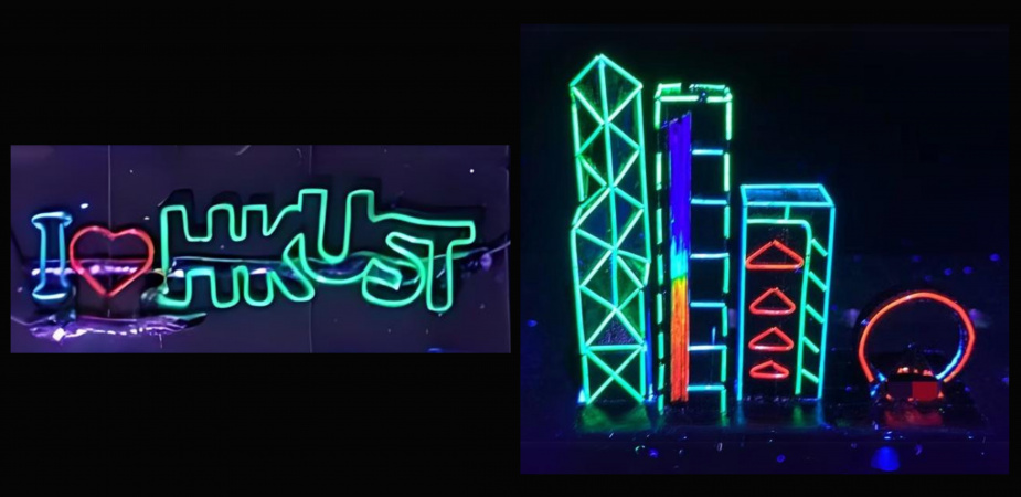 Photoluminescence of flexible full-color Fi-LEDs: I ♥ HKUST pattern (left) and “night scene” of Victoria Harbor showing color transition (right), built by mounting batches of fibers.