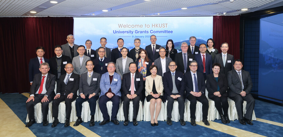 The UGC delegation, led by UGC Chairman Mr. Tim Lui (fifth left, first row), visits HKUST on January 9, 2025 to learn more about the University’s latest research and innovation endeavours. The guests are warmly received by HKUST President Prof. Nancy Ip (fifth right, first row), senior management, and school deans. 