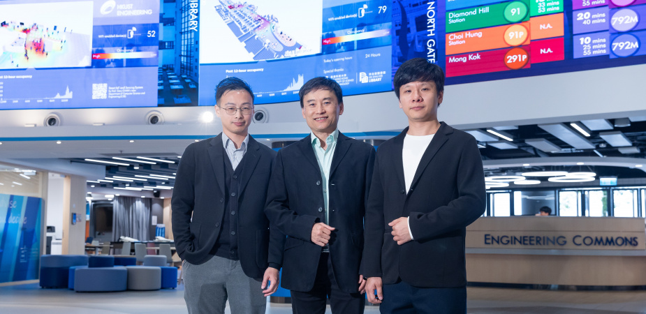 Prof. Gary Chan Shueng-Han (center), Professor of Computer Science and Engineering, and his team members Dr. Lai Ki-Kit (left), Manager of Innovation and Product Development, and Jerry Lin Zhongming (right), Assistant IT Manager, in front of the huge LED walls that display university entrances’ bus queue status and occupancy of selected study space on campus – one of the research innovations they developed and being newly featured at the Engineering Commons.