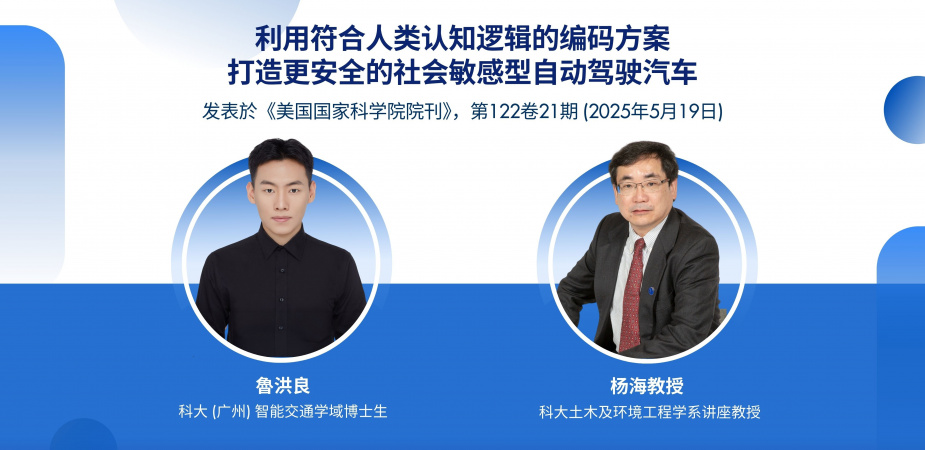 科大土木及环境工程学系讲座教授杨海（右）与科大（广州）智能交通学域博士生鲁洪良（左）融合神经科学丶认知科学和伦理学，开发出一套新系统，使自驾车能象真人司机般「思考」。