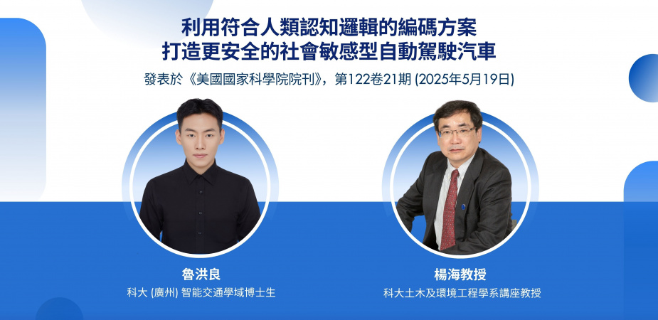 科大土木及環境工程學系講座教授楊海（右）與科大（廣州）智能交通學域博士生魯洪良（左）融合神經科學、認知科學和倫理學，開發出一套新系統，使自駕車能像真人司機般「思考」。