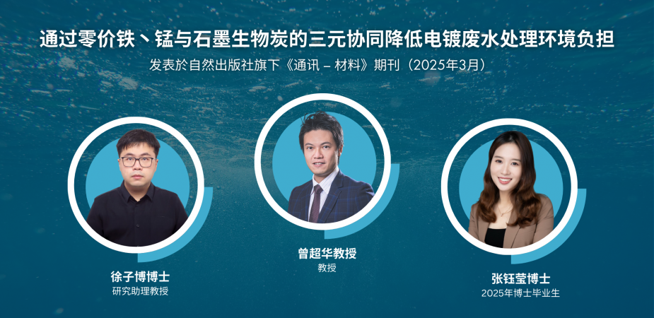 曾超华教授领导的研究团队于自然出版社旗下的《通讯 – 材料》期刊发表论文，题为「通过零价铁丶锰与石墨生物炭的三元协同降低电镀废水处理环境负担」。合着者包括第一作者徐子博博士丶张钰莹博士，以及来自英国帝国理工学院丶上海交通大学丶德国伍珀塔尔大学丶美国加州大学戴维斯分校及韩国大学的合作研究者。
