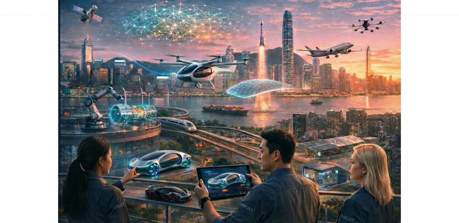 An AI-generated image illustrating the many facets of Mechanical and Aerospace Engineering (MAE): HKUST’s MAE programs empower students to shape the future by integrating AI, extended reality, and real-world innovation across air mobility, robotics, sustainable energy, smart manufacturing, advanced materials, space technologies, and beyond.