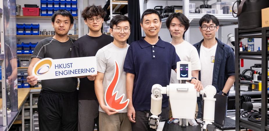Prof. Shen Yajing (third right), Professor of the Department of Electronic and Computer Engineering, and members of his research team, including Dr. Tang Yifeng (third left), Yin Tianci (second right), Dr. Li Gen (second left), Ling Zhengrong (first right), and Wang Hexiang (first left), showcase the Embodied Sensorimotor Robotic Arm (EmArm) developed by the team.