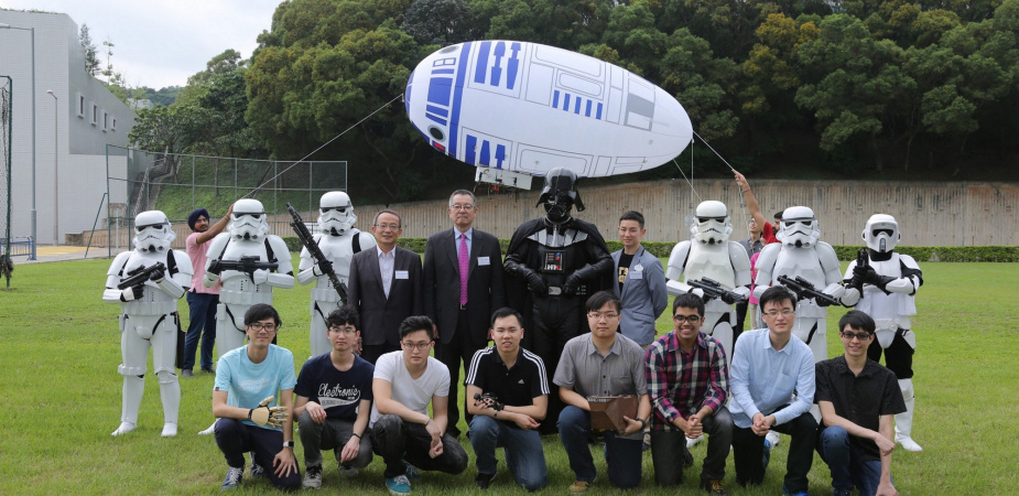 Group Photo of Disney-HKUST Grant Project Event. 2nd row in the group photo (from left to right): Prof Tim Kwang Ting Cheng, Dean of Engineering, Chair Professor of Electronic & Computer Engineering and Computer Science & Engineering, HKUST; Dr Eden Y Woon, Vice-President for Institutional Advancement, HKUST; Darth Vader; Mr Marcus Wong, Director, Corporate Citizenship, The Walt Disney Company Hong Kong.