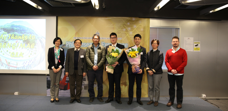At the award ceremony: (from left) Prof Ping Gao, Department of Chemical & Biomolecular Engineering; Prof Tongxi Yu, Acting Dean of Engineering; Prof Christopher Chao, Head of Department of Mechanical & Aerospace Engineering and Edwin’s supervisor; Dr Edwin Chi Yan Tso; Dr Langston Wai Leung Suen; Prof Ying Chau, Department of Chemical & Biomolecular Engineering and Langston’s supervisor; Mr Enis Terzioglu, School of Engineering MPhil student and emcee of the ceremony