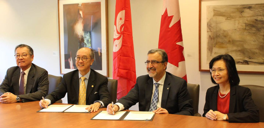 At the signing ceremony: (from left) Dr Eden Woon, Vice-President for Institutional Advancement of HKUST; Prof Tony F Chan, President of HKUST; Prof Feridun Hamdullahpur, President and Vice-Chancellor of the University of Waterloo; Prof Pearl Sullivan, Dean of Faculty of Engineering of the University of Waterloo.