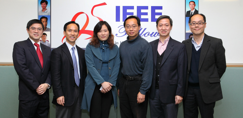 The six newly elevated IEEE Fellows at HKUST (from left) Prof Oscar Au, Prof Johnny Sin, Prof Qian Zhang, Prof Vincent Lau, Prof Danny Tsang and Prof Roger Cheng.