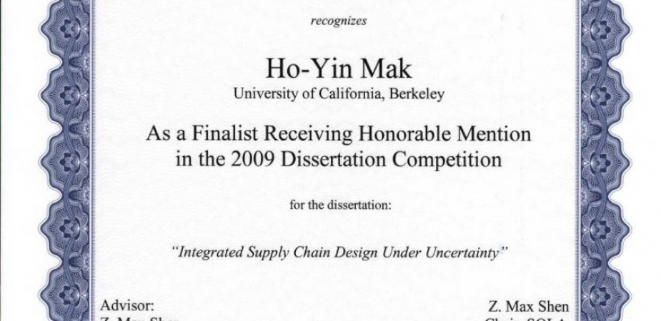 Prof Ho-Yin Mak Received Honorable Mention