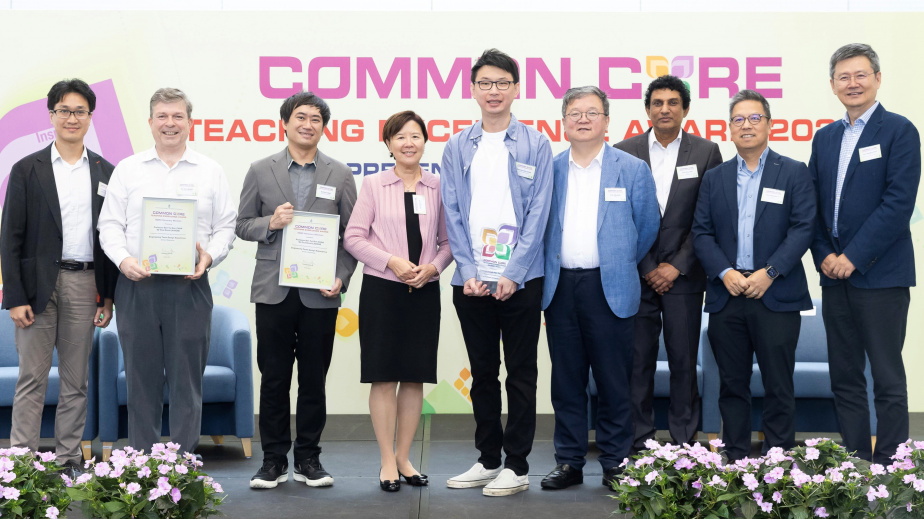 President Prof. Nancy Ip (fourth left), Provost Prof. Guo Yike (fourth right), Dean of Engineering Prof. Hong K. Lo (second right), Prof. Zhou Xiaofang (first right), Head of Computer Science and Engineering Department, Prof. Percy Dias (third right), Chair of Committee on Undergraduate Core Education, Prof. Nam Sai-Lok (first left), Academic Director (Undergraduate Core Education), Prof. Kenneth Leung (center), Prof. Ben Chan (third left), and Mr. Paul Lavigne (second left)