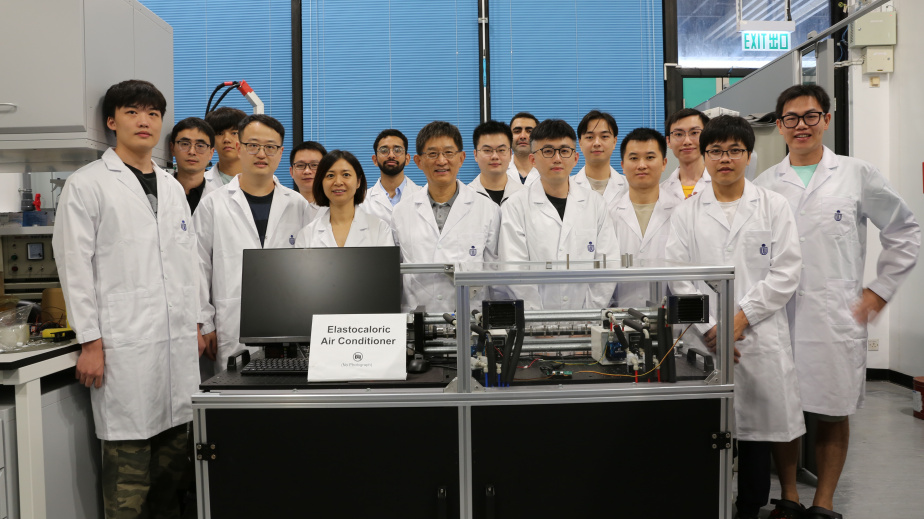 Prof. Sun Qingping (front row, fourth left), Prof. Yao Shuhuai (front row, third left), both Professors of Department of Mechanical and Aerospace Engineering (MAE), MAE Postdoctoral Research Associate Dr. Zhou Guoan (front row, second left), MAE PhD student Li Zexi (front row, first left), and other members of the research team with their elastocaloric air conditioner. 