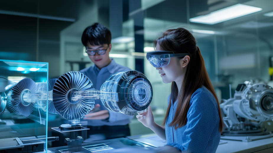 An AI-generated image showing students exploring mechanical and aerospace components via extended reality technology.