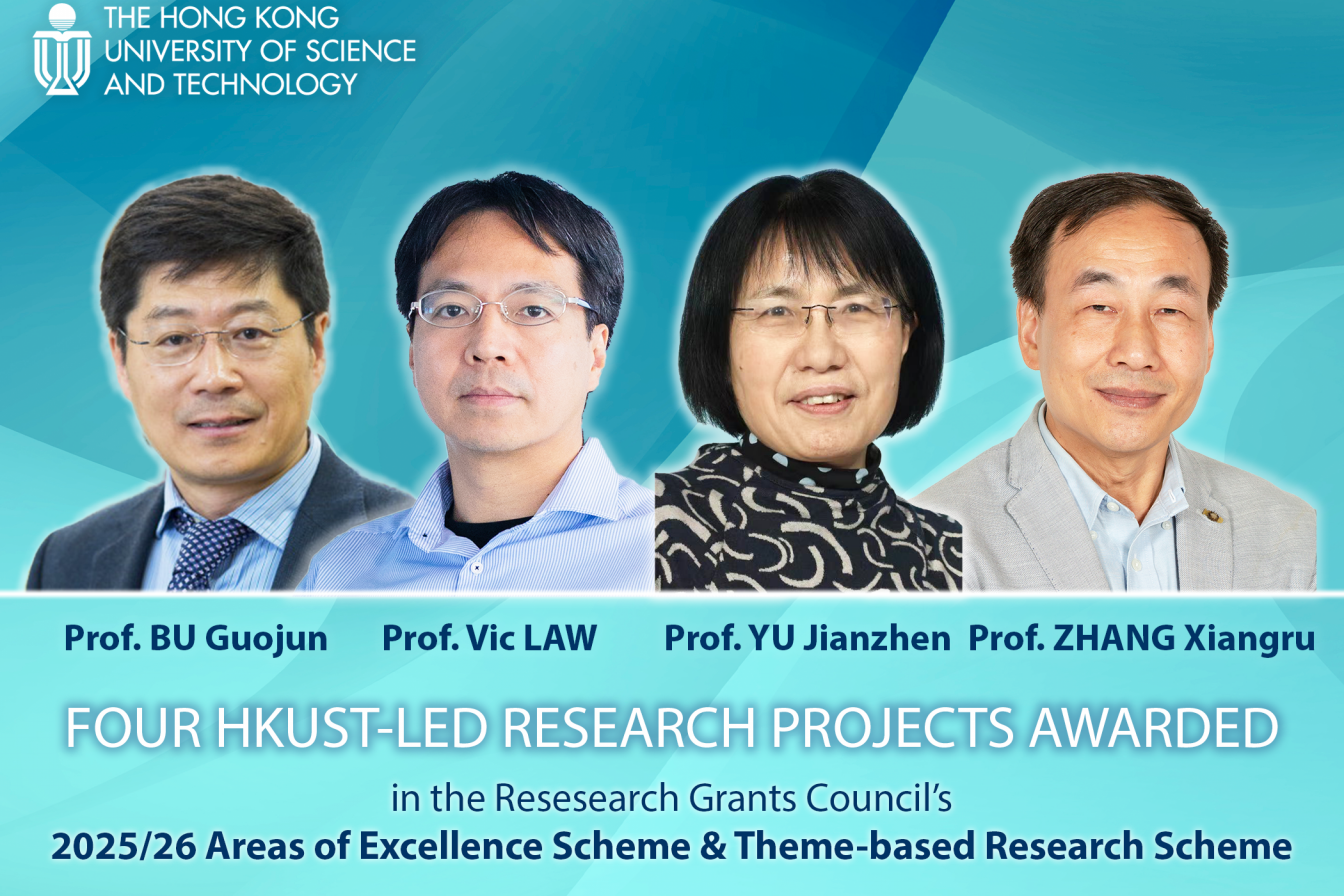 Four HKUST research projects secure a total funding of HK$228.885 million under RGC’s AoE Scheme and the TRS Scheme 2025/26. The projects are led by (from left) Prof. Bu Guojun, Head and Chair Professor of Division of Life Science; Prof. Vic Law, Associate Dean of Science (Research & Graduate Studies) and Chair Professor of Department of Physics; Prof. Yu Jianzhen, Head of Department of Chemistry and Chair Professor of Division of Environment & Sustainability; and Prof. Zhang Xiangru, Professor of Departmen