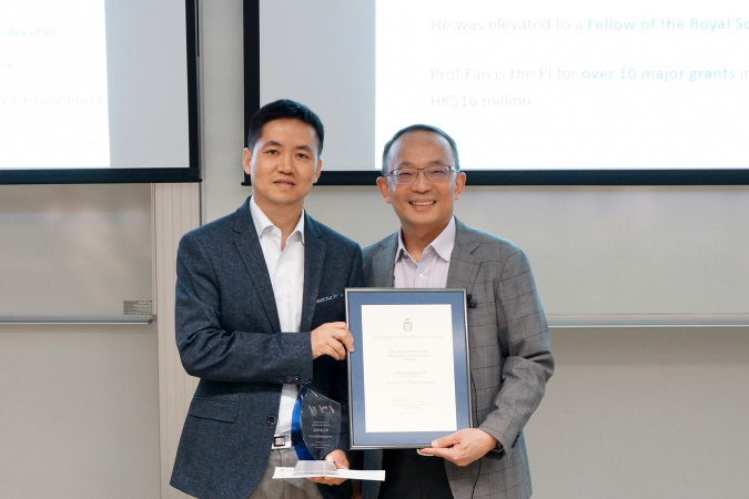 Prof. Fan Zhiyong, Associate Professor of Electronic and Computer Engineering at HKUST, received the Research Excellence Award from Prof. Tim Cheng Kwang-Ting, HKUST Dean of Engineering.