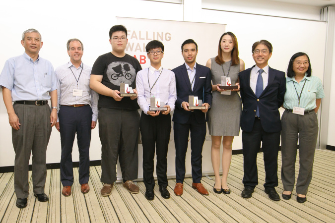 (From left): Prof Penger Tong (Chair Professor of Physics and judge), Prof David Banfield, 3rd place recipient Po Sang Lo, 2nd place recipient Weiqi Xue, 1st place recipient Daniel Josephus Villaroman, 3rd place recipient Yun Xu, Prof Joseph H W Lee, Prof Kei May Lau, Chair Professor of Electronic and Computer Engineering and judge) 