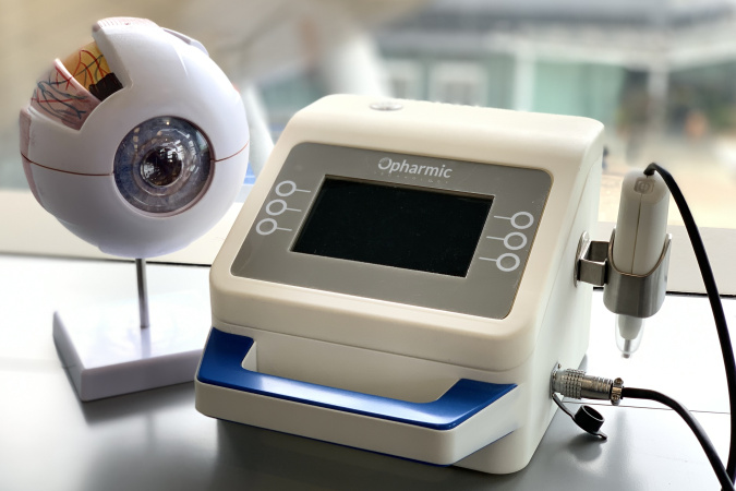 Founded by Langston, Opharmic Technology is the only research team in the world to have mastered the technology of using ultrasound for drug delivery in eye care. Pictured is the company’s first product.