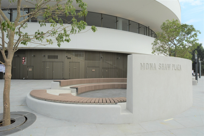 Mona Shaw Plaza, an open piazza outside the Shaw Auditorium, is a place for relaxation and outdoor performances. It is named after the late Mrs Mona Shaw, wife of Mr Run Run Shaw.