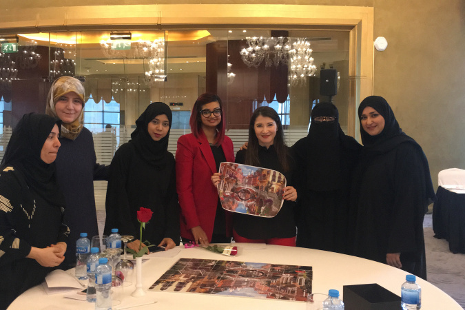 Karama (third right) and her colleagues at the team-building activity at the retreat of Qatar University Academic Advising Center in 2018.