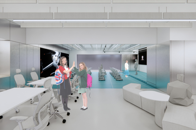 Impression of HKUST(GZ)’s first mixed reality classroom – approximately 2,400 square feet and is expected to be completed by September. The classroom is fitted with sensors and cameras to capture its occupants’ movements for their avatars. Together with the classroom’s visualization tools, users can enter the virtual reality world without having to wear any devices.