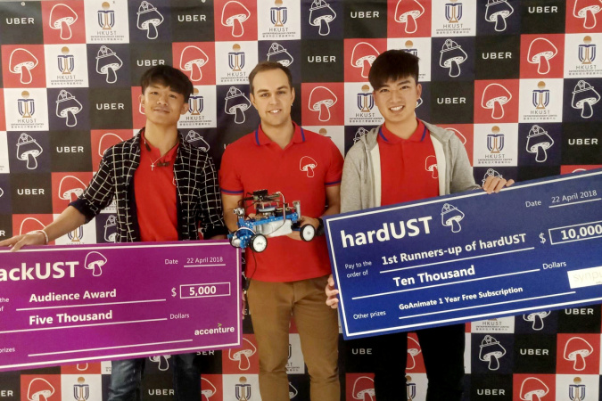 Bonald (left) joined the annual Hackathon at HKUST organized by the Entrepreneurship Center. His team won the first runner-up and Audience Award in 2018.