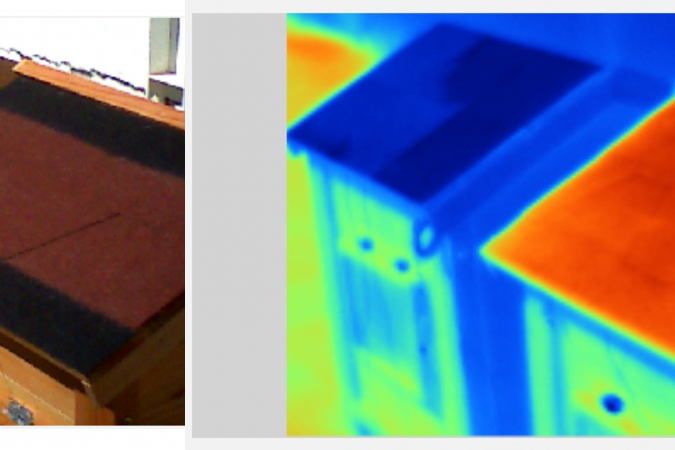 项目一的实验显示新型无机涂层（左图中涂上白色涂层的屋顶）可为建筑物降温。