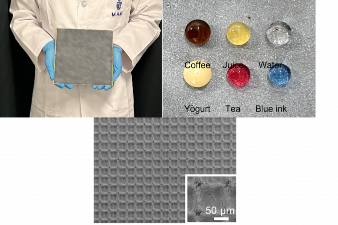 项目四的上排照片显示不同种类的液体皆无法停留在新物料的表面，展现了物料的超疏水的性能。下排的显微镜照片为新物料独特设计。