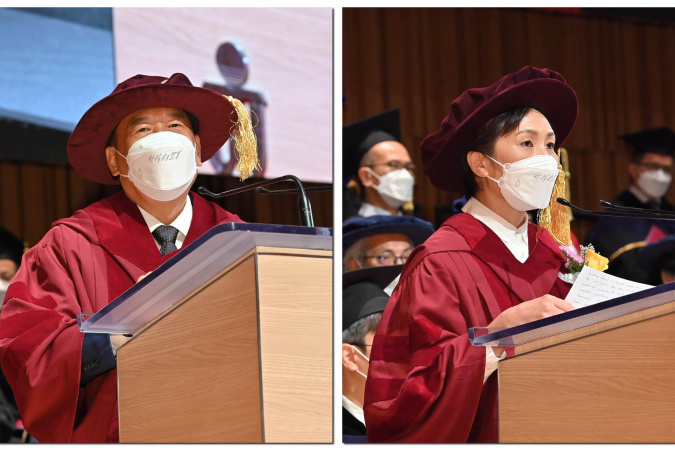 兩位榮譽博士（左起）王曉東博士和葉詠詩女士於頒授典禮上致辭。