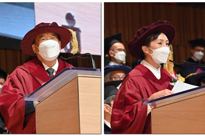 两位荣誉博士（左起）王晓东博士和叶咏诗女士於颁授典礼上致辞。