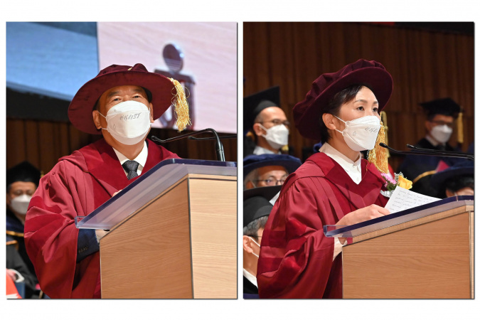 (From left) The two Honorary Doctorate recipients Dr. Wang Xiaodong and Ms. Yip Wing-Sie address the ceremony.