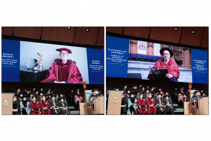 (From left) The two Honorary Doctorate recipients Prof. Kan Yuet-Wai and Prof. Sir Jim McDonald, address the ceremony virtually.