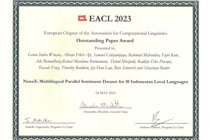 Prof. Pascale Fung’s team won an Outstanding Paper Award at EACL 2023.