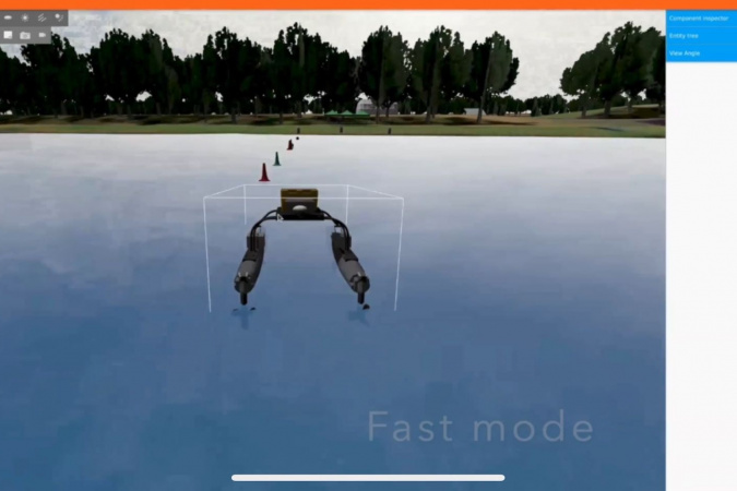 参加者在电脑模拟环境中以Gazebo开源3D机械人模拟装置操作水上无人机。