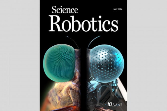 The research paper was featured as the cover article in Science Robotics (Volume 9, Issue 90) in May 2024. The cover shows a fusion of an image composite of a robber fly’s eye on the left and an illustration of the pinhole compound eye on the right.