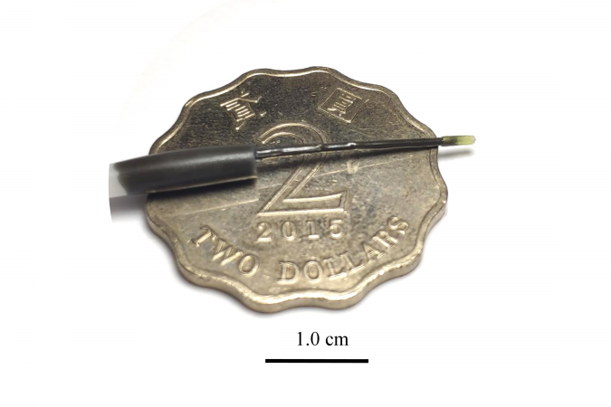 The prototype of the submillimeter continuum robot over a two-dollar Hong Kong coin. 