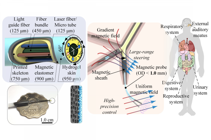 The schematic in the top left of the picture shows the structure of the robot’s probe tip, which boasts a diameter contour of 0.95 mm, as seen in the prototype in the bottom left. Its potential uses in medical diagnosis and treatment are demonstrated in the diagram on the right.