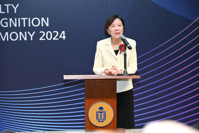 HKUST President Prof. Nancy Ip delivered welcome remarks at the ceremony.