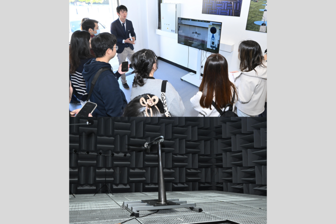 科大團隊向傳媒展示全港最大的科大空氣動力學和聲學實驗中心。周朋教授（面向群眾者）講解中心所進行的噪聲研究和飛行安全評估項目。