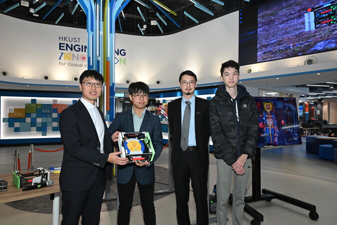 Led by Prof. Li Mo (second right), members of the research team who have developed the AeroRelief system include Computer Science and Engineering postdoctoral fellow Dr. Li Songfan (first left), Year 4 Integrative Systems and Design (ISD) students Wu Chun-Ming (second left) and Wong Lai-Yin (first right), as well as Wong Pak-Long, Wan Yan-Ki and Fan Tsz-Ho.