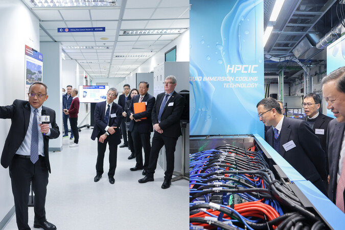 Vice-President for Research and Development Prof. Tim Cheng (first left) introduces the city’s largest Liquid Immersion Cooling system at the High-Performance Computing Infrastructural Center (HPCIC) and thanks UGC’s for its ongoing support in advancing the university as a sustainable campus.