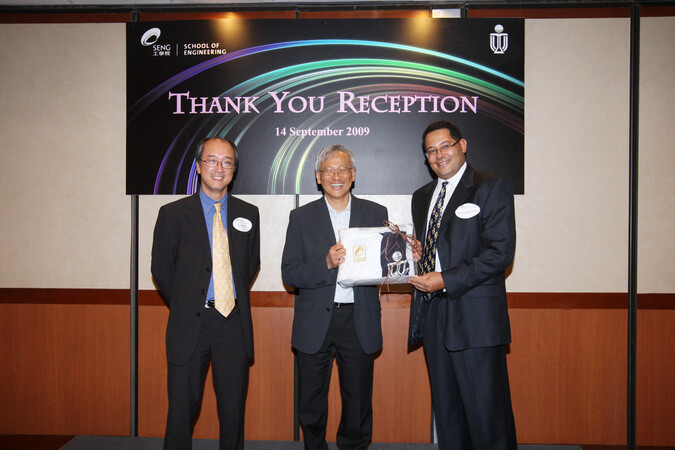 In appreciation of his leadership and dedication, the School of Engineering hosted a Thank You Reception for Prof. Chan at the end of his term. Pictured with him were Prof. Tony F. Chan (left), then President of HKUST, and the succeeding Dean Prof. Khaled B. Letaief (right).