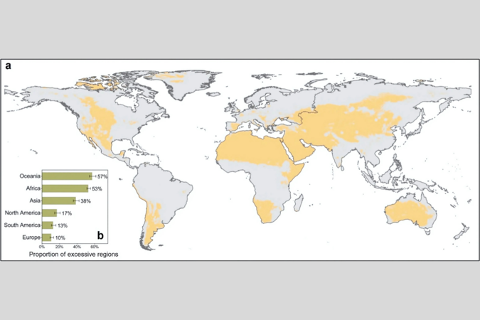 (a) Global distribution of regions with excessive groundwater sulfate and (b) proportion of regions with excessive groundwater sulfate on each continent