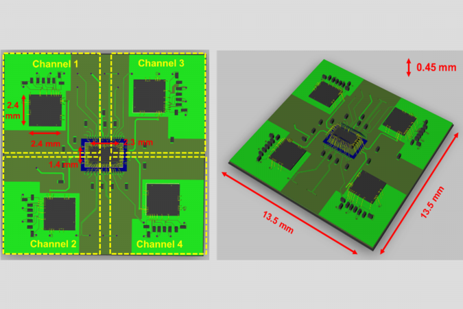 A 3D layout of CMOS + GaN chiplets in a heterogeneous integrated package for wireless communication developed by the team.    