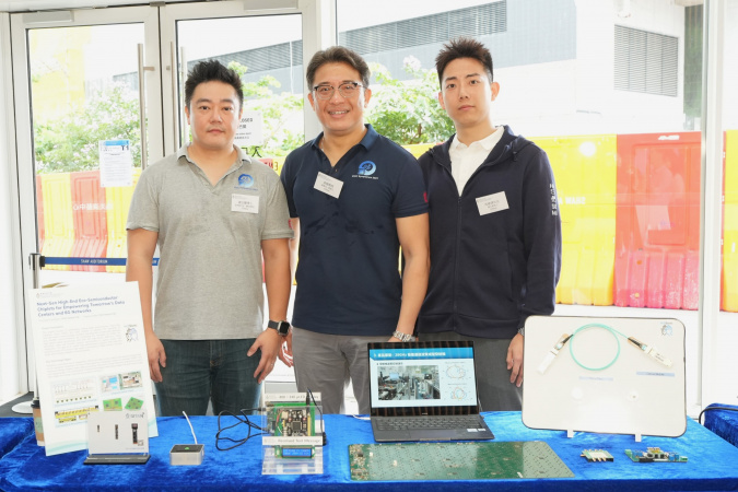 Project 7: “Next-Gen High-End Eco-Semiconductor Chiplets for Empowering Tomorrow's Data Centers and 6G Networks”. A group photo of the Principal Investigator Prof. Patrick Yue (middle), Professor of Department of Electronic and Computer Engineering & Associate Director of Institute of Integrated Circuits and Systems (IICS) at HKUST cum Chairman and Founder of Hi5Semi and his team from Hi5Semi: CEO and Co-founder Dr. Chi Y. Law (left) and Co-founder Mr. Ma Ruitao (right).
