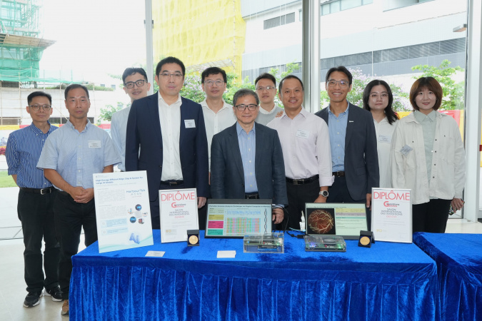 Project 4: “High Energy-Efficient Edge Chip & System for Large AI Models”. A group photo of Principal Investigator Prof. Tsui Chi-Ying (front row, third left), Associate Director of AI Chip Center for Emerging Smart Systems (ACCESS) & Professor of Division of Integrative Systems and Design at HKUST (front row, fourth left); Project Leader Mr. Wang Huaibin, Vice President of HarbourTek (front row, first left); and other team members.