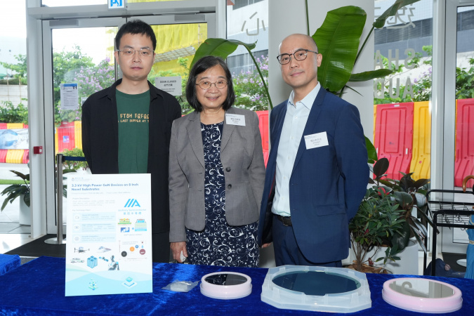 Project 1: “3.3 kV High Power GaN Devices on 8 Inch Novel Substrates”. A group photo of Principal investigator Prof. Kei-May Lau, Research Professor of Division of Emerging Interdisciplinary Areas & Professor Emeritus of Department of Electronic and Computer Engineering at HKUST & Co-Founder of Ainfinity (middle), with Ainfinity Chief Finance Officer Mr. Matthew Moy (right) and Dr. Zhu Renqiang, Research Assistant Professor of the Division of Emerging Interdisciplinary Areas at HKUST (left).