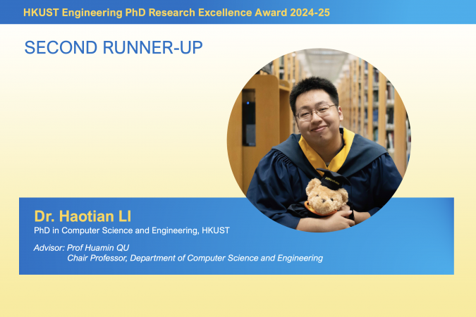 Dr. Li Haotian, a 2024 PhD graduate in Computer Science and Engineering, is the Second Runner-Up. He will be presented with a trophy, a certificate and a cash prize of HK$8,000. 