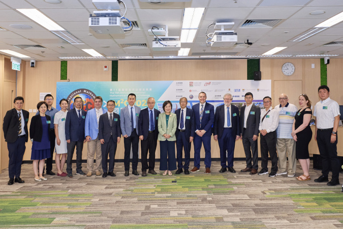 Photo shows the Secretary for Education, Dr. Choi Yuk-Lin (ninth right); the President of the International Commission on Mathematical Instruction and Emeritus Professor of HKU, Prof. Frederick Leung (eighth right); Chair Professor of HKUST’s Department of Mathematics and Department of Industrial Engineering and Decision Analytics, Prof. Wang Yang (ninth left); Head of HKUST’s Department of Industrial Engineering and Decision Analytics, Prof. Zhang Jiheng (eighth left); Associate Professor of HKUST’s Depart